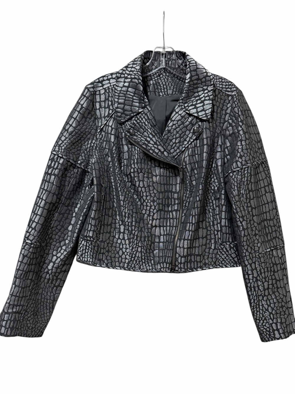 Diane Von Furstenberg DVF Medium Silver Angie Alligator Print Moto Jacket C